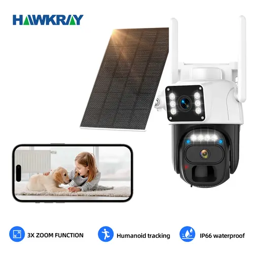 Hawkray Security Camera 2K 360° PTZ Solar Wireless, Dual-Lens 3MP Outdoor Home Security Cam with IP66 Waterproof, Color Night Vision, 2-Way Talk, PIR Motion Sensor, Auto Tracking, Spotlight Siren Alarm, WiFi Cloud Storage & Dual-Screen.