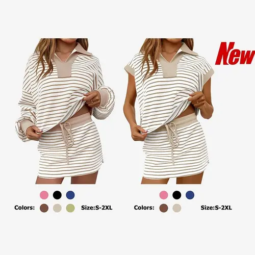 Fisoew Striped 2 Piece Outfits Casual Sweatshirt Skirt Set Long Sleeve Skort Workout Set Matching Lounge Sets Women's Matching Sets Women #SummerVibes #TikTokShopHolidayHaul #TikTokShopJumpstartSale Fabrics Elastic two piece set Elegance Shorts,summeroutf