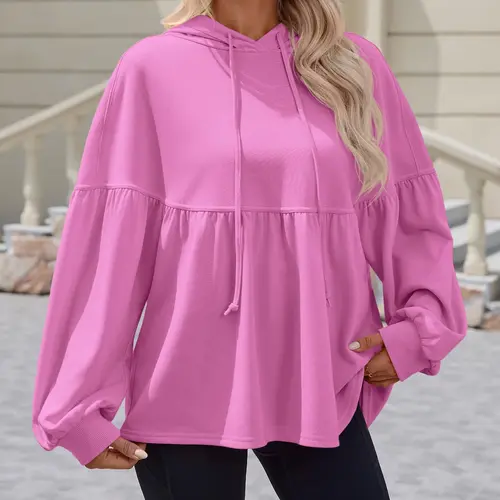 Fisoew Women's Loose Hooded Peplum Top - Long Lantern Sleeves, Drawstring, Hidden Mask Design, Comfy Ootd, Cozy Chic, Casual Street Style, Fall Pick, Hoodies for Women