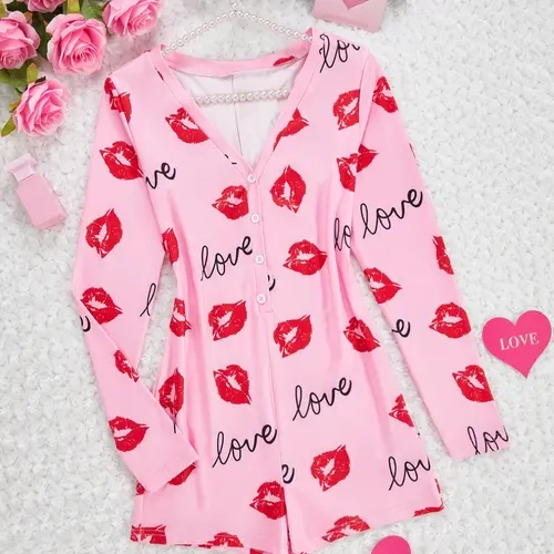 Women's Fashion Lip Print Long Sleeve One-Piece Pajama Loungewear, V-Neck Half Open Front, Comfortable Sleepwear for Home and Daily Wear Garment