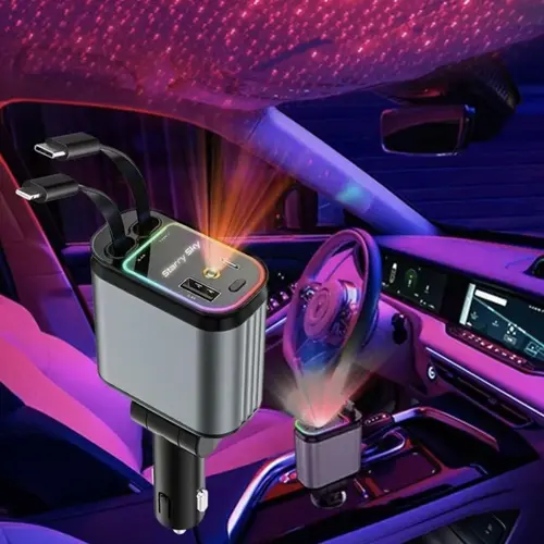 4-in-1 Car Charger Dual Port Anti-Tangle Ret retractable Cables for Automotive Vehicles, Super Fast Charging Adapter with Starlight LED Light