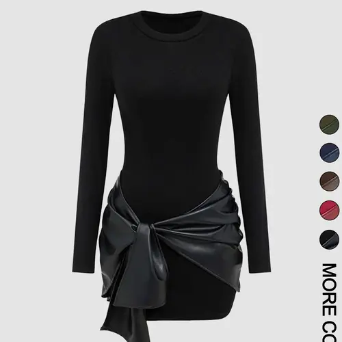 【Black Friday】Women's Patchwork Knotted Side Ruched Long-Sleeved Mini Dress, Basic Casual Wear Date Night Dresses