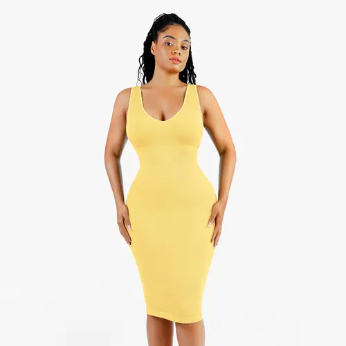 Popilush Women's Deep V-Neck Tummy Control Midi Dress - Elastic, Compression, Soft, Seamless, Feminine Casual Wear for Tummy Flattering Outfits, Dresses for Women