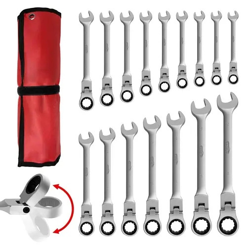 Deal Day Gift 16PCS Flex-Head Ratcheting Wrench Set - Metric 6-24mm Chrome Vanadium Steel 72-Tooth Swivel Head Flexible Combination Wrench, Work Tools with Rolling Pouch