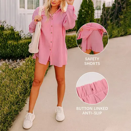 Fisoew Womens Gauze Shirt & Shorts Set 2-in-1 Button Connected Oversized Long Sleeve Button-Down Top with Attachable Safety Shorts Casual Beach Cover Up Outfit Women's Clothes,summeroutfits,vacationoutfits #Summerwins #DealsForYouDays