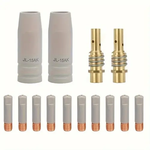 14pcs Heavy-Duty Silicone 15AK Welding Gun Tips Kit - Anti-Slag Coat, Non-Stick Yellow Brass Finish, 2×Gas Diffusers, 2×Nozzles, 10×.030" (0.8mm) Tips, Left Thread for Vulcan & Titanium Industrial Arc Welding Equipment (Battery Not Included)