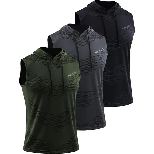 NELEUS Men's 3-Pack All Seasons Dry Fit Polyester Sleeveless Tank Tops - Sweat Wicking Athletic Activewear Vest, Hooded Running Vest with Accentuated Shoulders, Clean Look 3pack Workout Set for Gym Boxing