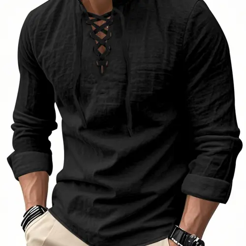 Men's Lightweight Breathable Linen Shirt, Drawstring Collar, Unique Design, Casual Plain Long Sleeve Polo, Perfect for Daily Commute Spring Fall Men's Clothing