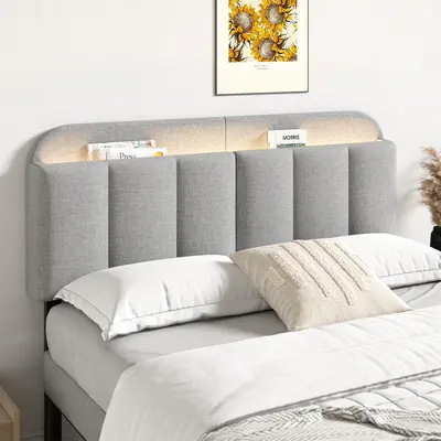 【DealsforYou】ONBRILL Adjustable Headboard for Full/Queen/King Size Beds - Premium Linen Surface, Modern Vertical Channel Design, Built-In Storage, RGB LED Light Strip, Height Adjustability, Pre-Drilled Installation Kit