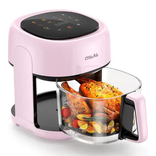 OYAJIA Pink Glass Air Fryer - 4.2QT (4L) Oil-Less Kitchen Appliances, 1-Click Start Touchscreen Control, 110V 1200W, 175°F-375°F, 1-120 Minutes, US Plug, Compact Tiny-Space Friendly Smart Cooker for Dorm Use