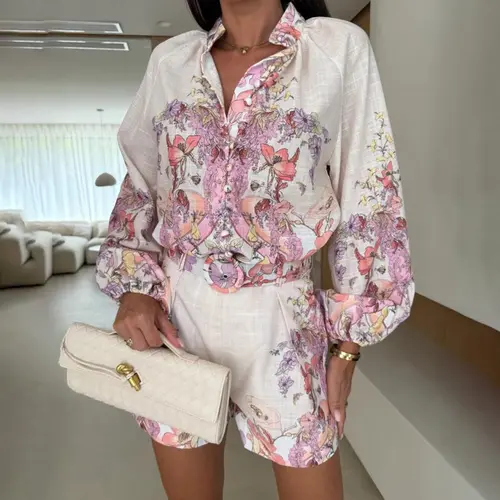 CHICME Women's 2-Piece Woven Matching Outfit - Fitted Floral Placement Print Stand Collar Button-Front Long Lantern Sleeve Top & Elastic Back Waist Shorts with Belt, Pockets for Summer (Minimalist Design)