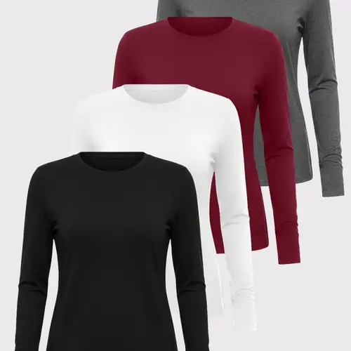 TELALEO Women's 4-Pack Long Sleeve Compression Shirts - Crew Neck, Slim Fitted, Sporty Chic Gym Clothes, Undershirts for Gym Workouts (Black, White, Gray, Red) - Women's Clothing, Workout Sets Component
