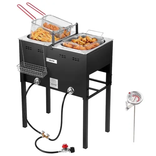 【toolupgrade】VEVOR Dual-Tank Outdoor Propane Deep Fryer, 16QTx2 Stainless Steel Floor Standing Fryer with 3 Fry Baskets, Thermometer for Steady Heat & Hanging Rod, 50000 BTU for Camping & Catering Events (Enables Simultaneous Frying)