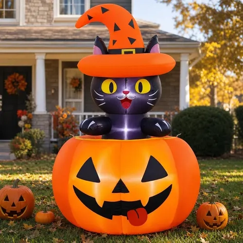 SHareconn Giant Inflatable Pop-Up Cat, Pumpkin Halloween Decoration, LED-Lit Blow-Up Pumpkin with Durable Tarpaulin, Indoor Outdoor Lawn Yard Front Porch Decor