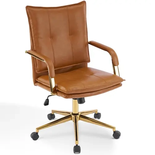 MOJAY Mid-Century PU Leather Ergonomic Swivel Computer Chair - Sturdy Home Office Furniture, Adjustable Seat Height (34.2"-38"), Comfy Upholstery, Golden Metal Legs, Armrests, 5 Robust Casters, Agile Maneuverability, for Living Spaces