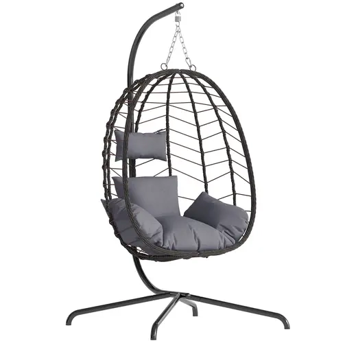 Single Egg Patio Swing Chair with Stand, Wicker Rattan Patio Hanging Basket w/ Cushion, Pillow & Cup Holder, Indoor/Outdoor Foldable Egg Chair for Garden, Balcony, Porch​​,Summervibes