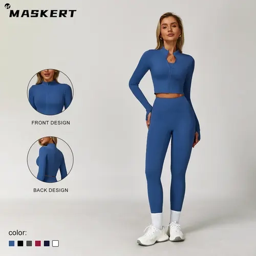 MASKERT Women's 2-Piece Multifunctional Sportswear Set - High-Waist Tight Leggings, Zip-Up Crop Jacket, Running Workout Suit, Gym Workout Apparel for Gym & Casual Use