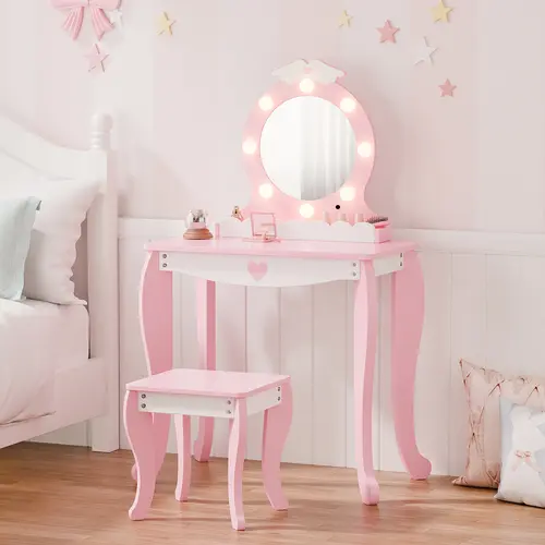 Kids Wing Pattern Engineered Wood Makeup Dresser Vanity Set with LED Lighted Mirror, Stool, Drawer, 2-Tone LED Lights, Cloud Drawer, Tabletop Storage, Quick-Wipe Surface, Rounded Edges, Quick Assembly - Bedroom Little Girls' Indoor Furniture Gift