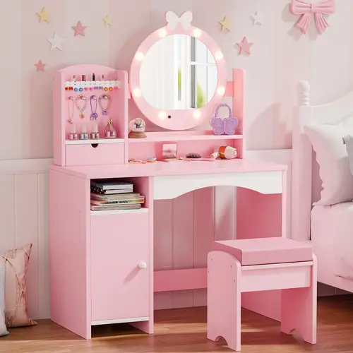Kids Makeup Vanity Desk and Chair Set - Girls Princess Makeup Dressing Table with LED Mirror, Jewelry Organizer, Leather Wrap Easy-Clean Leather Top, Drawer and Cabinet, Cushioned Stool, Easy Setup Indoor Furniture, Birthday Gift for Toddlers