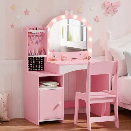 Girls Wooden Vanity Set - 2-in-1 Toddler Princess Rectangular Dressing Table with Vanity Lights (2 Changeable Bulbs), Bow Pattern, Mirror, Chair, Jewelry Storage, Built-in Organizer, Easy-Grip Handles, Open Shelves, Requires Assembly (Holidays, Birthdays)