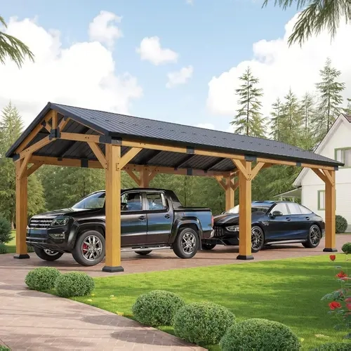 AMERLIFE 12'x24' Cedar Wood Hardtop Gazebo with Steel Roof, Waterproof Outdoor Carport Pavilion, Heavy-Duty Snow & Wind Resistant Canopy for Patio, Driveway, Garden[TikTokShopFallDealsForYou]