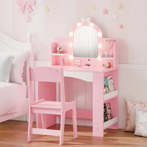 Girls' Pink Princess Lighted Vanity Set with 2-Color LED Lighted Mirror, Toddler Vanity Table & Chair, Open Bookshelf, 2-Tier Side Shelf, Storage Cabinet, Stool, Assembly Required