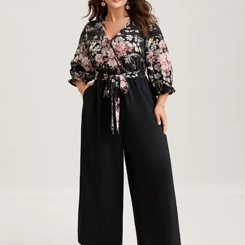 BloomChic Floral Contrast Belted Wide-Leg Jumpsuit 【M-6XL】