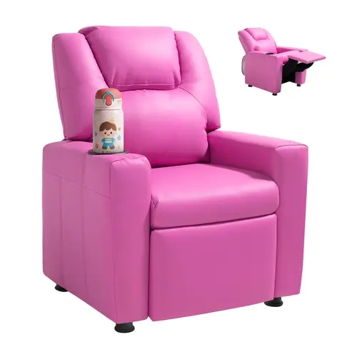 VEVOR Kids Reclining Chair,  , Toddler Recliner with Cup Holder, 101° to 121° Adjustable Backrest, Easy-to-Clean PU Leather Recliner Couch with Footrest, 90 lbs Load, for Boys & Girls, Children (Pink)