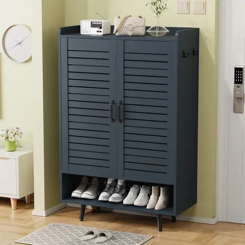 【HolidayHaul】6-Layer Wooden Shoe Storage Cabinet, 50in Tall Rectangle Organizer with Breathable Louvered Doors, Adjustable Standing Shelf, Racks, Quick Assembly & Support, Floor Protection, Fits Boots Heels Sneakers for Busy Homes-Entryway