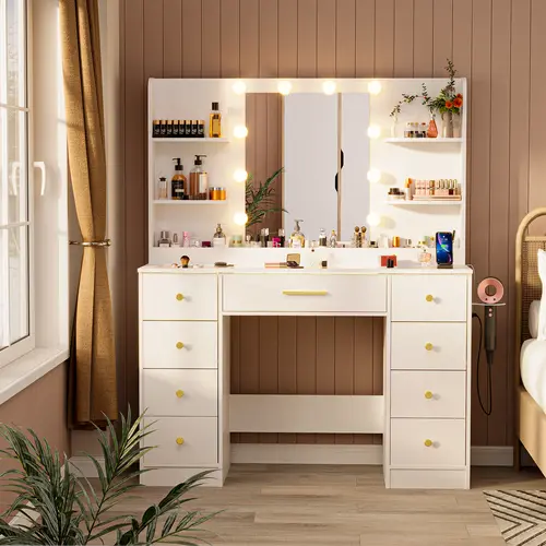 LAKEMID Sturdy Modern White Wood Makeup Vanity Desk with Adjustable LED Mirror - 3-Color Lights, Power Outlets, 9 Drawers, 6 Shelves for Bedroom Dressing Room Organization