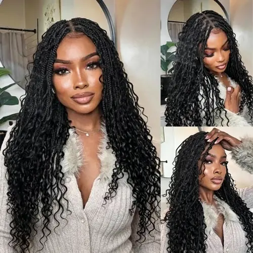 Ashimary Black Women's 26" Boho Knotless Box Braided Wig, Full Double Lace Frontal 360 Lace Blended Hair Wig with Braided Curls