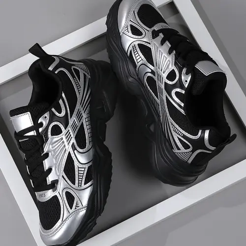 Silver Color High-Quality Men's Casual Shoes, Comfortable Sporty Outdoor Sneakers, Lace Up Trainers, Medium Width, All Seasons, Rubber Sole, Textile Upper