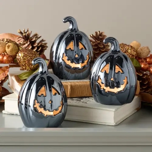 Set of 3 Illuminated Ceramic Jack-O-Lanterns by Valerie