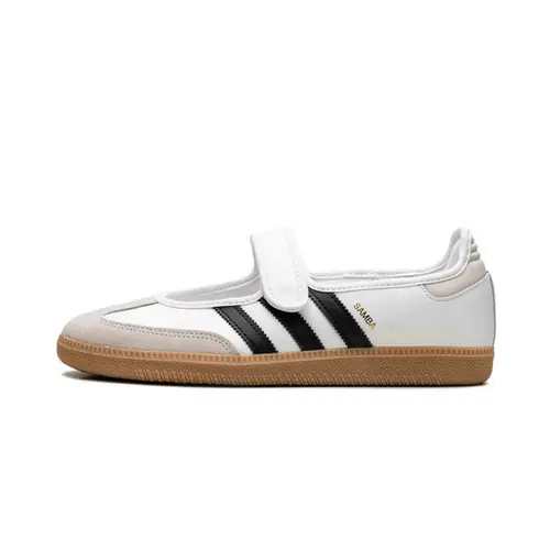 Adidas Samba Jane Kids' Classic Retro Leather Sneakers Trainers - White & Black, Leather Upper, White Low Cut Low Top, Contrasting Stripes, Gum Sole, Retro Vibes, Daily Casual Sports Footwear