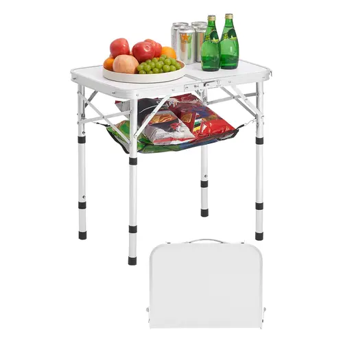 【Father's Day Gifts】VEVOR Compact Folding Outdoor Table - 24x16 in Silver Aluminum Engineered Wood, Adjustable Height, Locking Legs, Mesh Layer, Fold & Go Handle, Scratch-Resistant Top, Indoor/Outdoor Use, Great for Camping, Dining, Travel