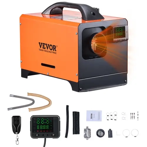 VEVOR 8 kW Ceramic DC Vehicle Power Heater - 12V-24V, 5L, 1-Gallon/Night, Quick Heat, Low Noise Pump, Small Footprint, Compact Adjustable, Remote Control, Square Color LCD Screen, Voice Announcement, for Truck, Altitudes Under 9843ft, 161-215 ft² Use