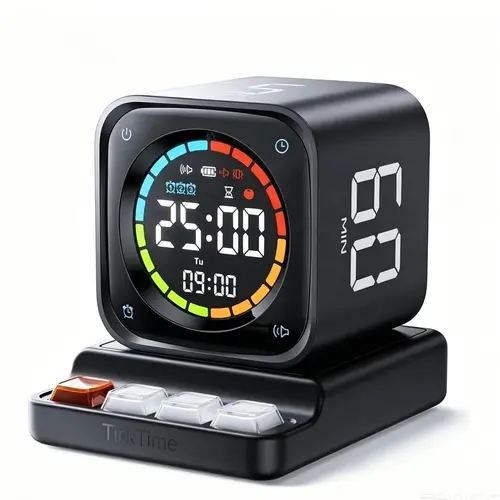 TICKTIME TK3 Pomodoro Timer Cube - Digital Adjustable Timer, No Battery, No Magnets, Desk Productivity Tool with 5/10/30/60 Min Presets, Custom Countdowns, Stopwatch, Clock, 3 Alarms, Silent/Vibrate/Sound Alerts for ADHD Study, Kitchen (Black)