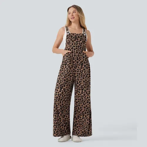 Halara Leopard Print Waffle Casual Overalls with Pockets