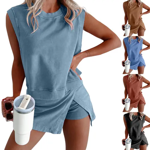 Tanming Womens Washed 2 Piece Sets - Sleeveless Crewneck Tank Tops & High Waist Skorts - Casual Spring Summer Fall Workout Athletic Tennis Vacation Outfits Clothing
