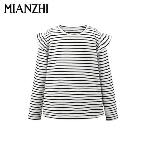 MIANZHI Girls' Frill Trim Striped Tee - Classic Crew Neck, Full Sleeve, Medium Length, 95% Cotton 5% Spandex, Cute Casual, All Seasons, 5-14 Years Top