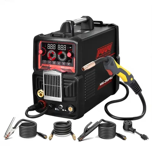 Puwu 250A Heavy-Duty Multiprocess Welder - 8-in-1 Modes (Pulsed, Flux Core, TIG, Mix, Manual MIG, Stick, GAS, Spool Gun Compatible), 250Amp, Digital Display, Dual Voltage 110/220V, Compact, for Automotive, Construction