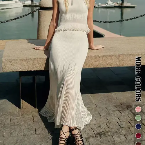 Elegant Two-Piece Set, Sleeveless Knitted Fitted Tank Vest & Long Pleated Skirt, Fashionable Chic Slim Fit Design, Womenswear, Clothes, Elegance