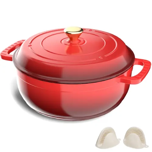 ROVSUN Non Stick Enamel Cast Iron Round Dutch Oven Set, 5/6/7.5QT Stockpot with Lid & Dual Handles, Silicone Glove Lift, Oven Safe up to 500°F, Heavy-Duty Pre-Seasoned Camp Kitchen Cookware for Braising, Stews, 6Qt