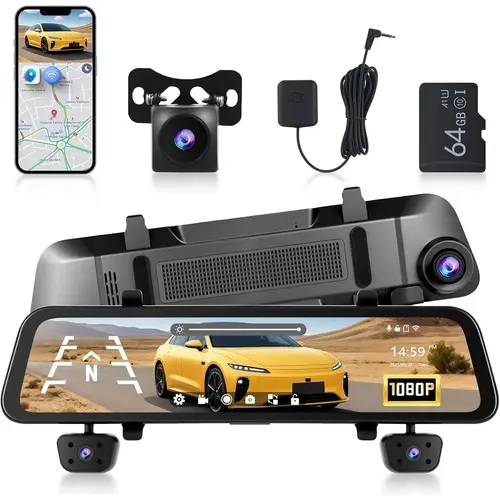 12in GPS Dashboard Camera (Car-Mounted Multi-Camera), 4-Channel Full HD 1080P Touchscreen Wireless Backup Cam, Front/Rear/Inside Recording, G-Sensor, Wi-Fi, Parking Monitor, Rearview Mirror Screen, Car Electronics Accessory (SummerVibes Father's Day Gift)