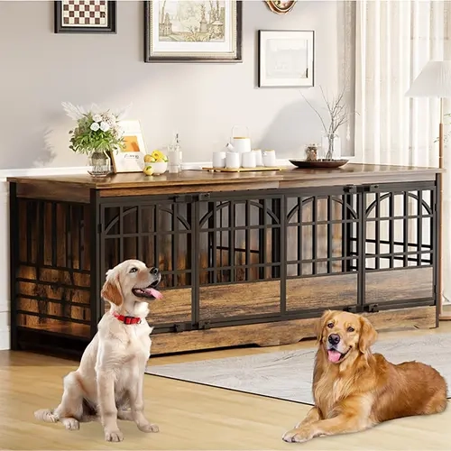 COZPAW 86"l x 28.34"w x 31.69"h Retro Sturdy Wooden Double Dog Crate Furniture with Divider - 0.5" Thick Metal Tubes, Double Door, Elevated & Stable Design, Vintage Home Decor TV Stand with Storage for Large-Medium Dogs (Brown)