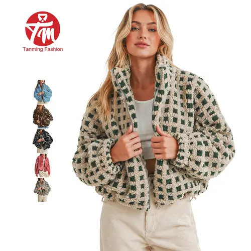 Tanming Womens Plaid Fleece Jackets Cropped Fuzzy Sherpa Coats Stand Collar Full Zip Casual Fall Winter Spring Work School Vacation Outfits Clothing