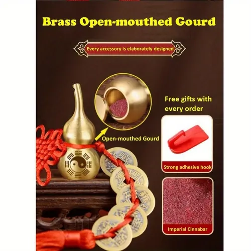 Brass Ethnic Fengshui Decorative Ornament Set - 5-Piece Emperor Coins, Open Fillable Storage Gourd, Golden Shine Wealth-Attracting Amulet, 2 Easy-Install Non-Toxic Glueless Hooks, Vermilion Powder, Car & Family Home Decor, All Seasons Birthday Bundle