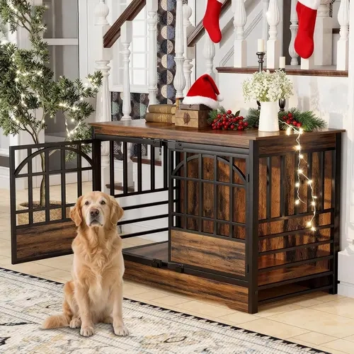 COZPAW Heavy Duty Wood-Metal Dog Crate Furniture - Enclosed Escape Proof Kennel, 52/78/86in Sturdy Cages for Xlarge Breeds, 78.0"l x 23.8"w x 31.7"h Stress Relief Space, Double Doors, White-Brown Retro-Modern Enclosure, Convertible to TV Stand/End Table