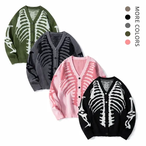 SAND SOUND Men's V-Neck Drop-Shoulder Button-Front Knit Cardigan - Long Regular Fit, Skeleton Print Graphic Clothing, Casual Daily Fall Halloween Fits, Gift for Boyfriend