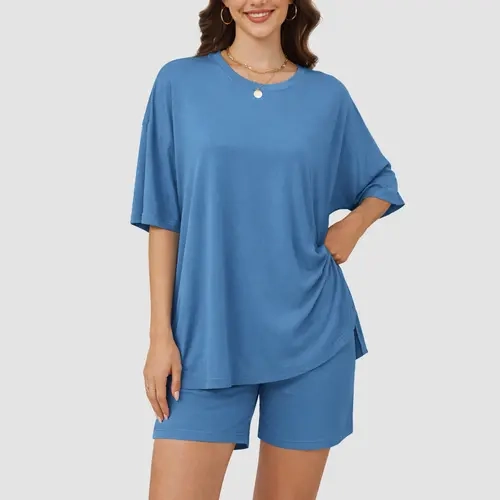 VILIGO Women's 2-Piece Crew Neck Loungewear Set - Oversized Split Hem Half Sleeve Shirt & Biker Shorts, Solid Plain Blue, Pajamas Sleepwear, PJ Sets, PJs for Women, Above-the-Knee, Minimalist Summer Everyday Outfit